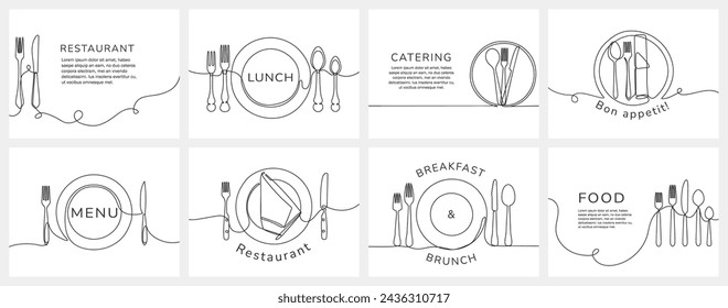 Continuous one line restaurant banners. Table settings with text space for restaurant lunch, breakfast and catering menu design vector illustration set. Cafe hand drawn poster with utensils