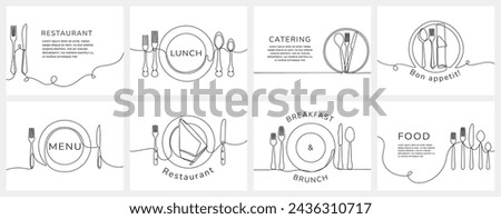 Continuous one line restaurant banners. Table settings with text space for restaurant lunch, breakfast and catering menu design vector illustration set. Cafe hand drawn poster with utensils