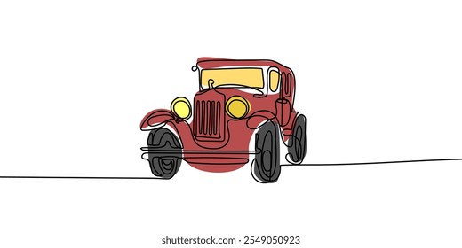 Continua una línea de coche retro en silueta sobre un fondo blanco. Lineal estilizado. Minimalista.