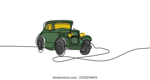 Continua una línea de coche retro en silueta sobre un fondo blanco. Lineal estilizado. Minimalista.