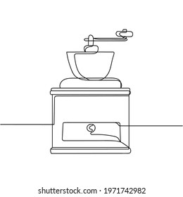 Continuous one line of retro coffee grinder in silhouette. Linear stylized. Minimal style.