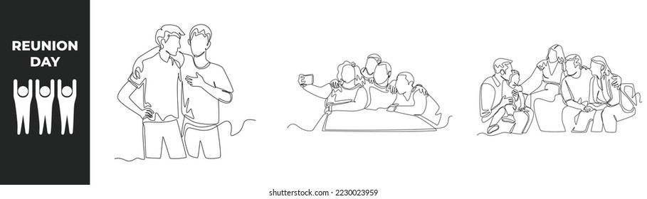 Continuous one line reunion day concept  Happy man   woman hugging when they meet   take picture together  Single line draw design vector graph 
