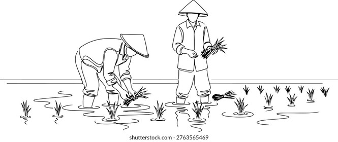Continuous one line of a rice field worker planting rice, symbol of food security, style hand drawing vector illustration.
