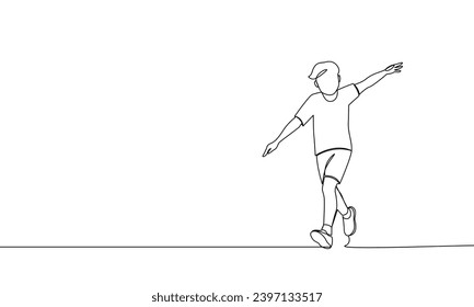 Continuous one line running boy. Hands like an airplane. Vector outline illustration