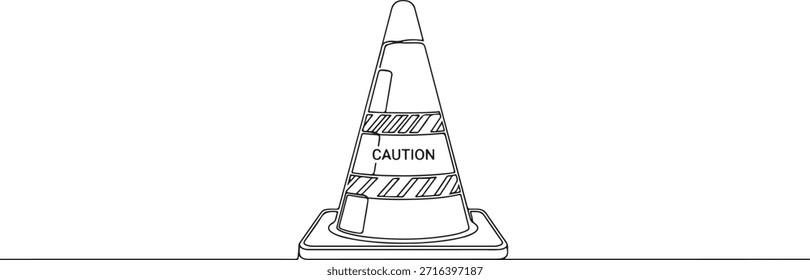 Uma linha contínua de um cone de segurança com contornos em negrito limpos, cautela e tema de zona de controle, ilustração vetorial desenhada à mão.	