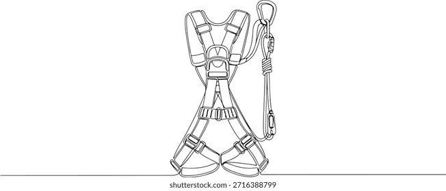 Uma linha contínua de um arnês de segurança com alças estruturadas, tema do sistema de prisão de queda, ilustração de vetor desenhada à mão.	