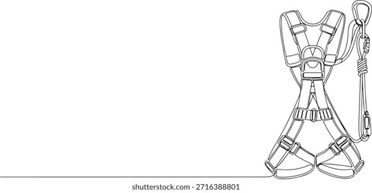 Uma linha contínua de um arnês de segurança com alças estruturadas, tema do sistema de prisão de queda, ilustração de vetor desenhada à mão.	