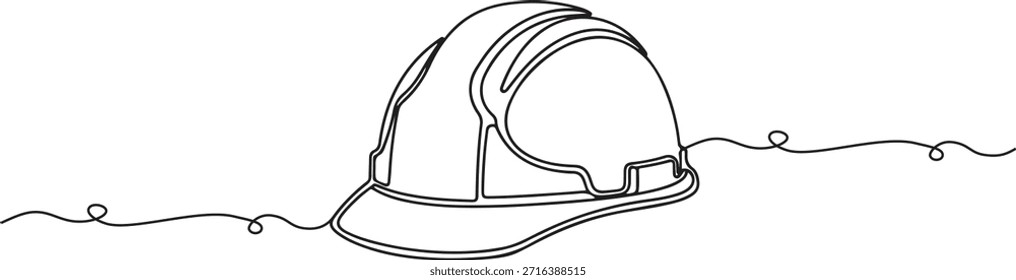 Uma linha contínua de um capacete de segurança, tema de proteção do local de trabalho, ilustração de vetor desenhada à mão.	