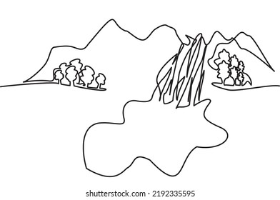 Continuous One Line Of Scenic Mountain Waterfalls. Vector Illustration Of Waterfalls Mountains And Trees. Mountain Symbol, Travel Icon, Adventure Logo Camping And Picnic. Editable Vector Illustration.