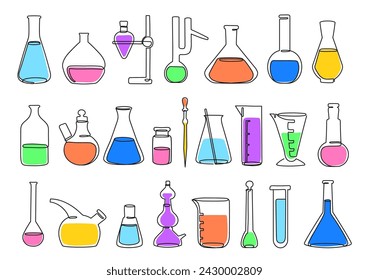 Continuous one line science lab. Chemistry laboratory equipment icons of flasks, beakers and test tubes vector illustration set. Colorful liquids in glassware for biochemical analysis