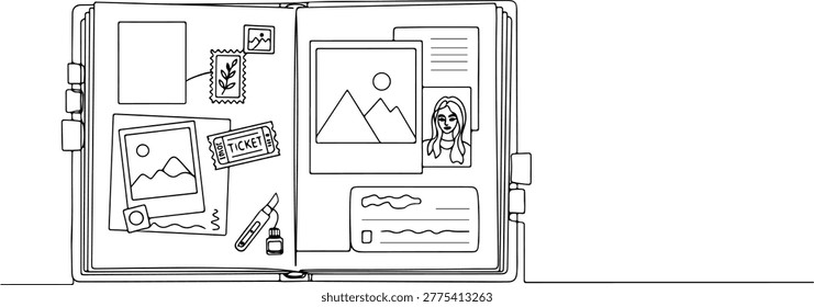 Continuous one line of a scrapbook and photos memory hobby , style hand drawing vector illustration.