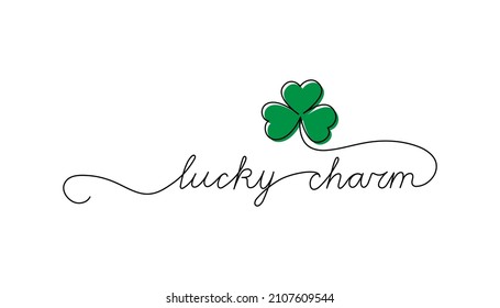 Continuous One Line Script Cursive Text Lucky Charm. Vector Illustration For Patrick’s Day, Design For Poster, Card, Banner, Print On Shirt.