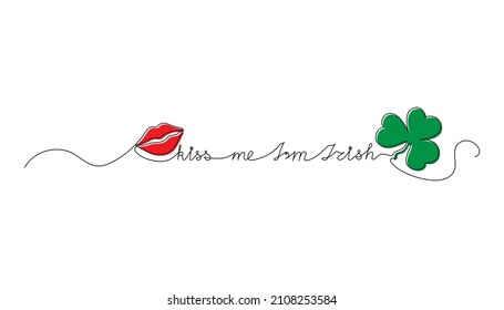 Continuous One Line script cursive text kiss me I’m Irish. Vector illustration for Patrick’s day, design for poster, card, banner, print on shirt.