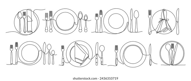 Plato servido de una línea continua. Placas, tenedores, cuchillos y cucharas minimalistas para el conjunto de ilustración vectorial de diseño de menú de restaurante. Vajilla lineal dibujada a mano. Cubertería y vajilla