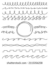  Continuous one line .Set of handmade lines, brush lines, underlines. Hand-drawn collection of doodle style various shapes.