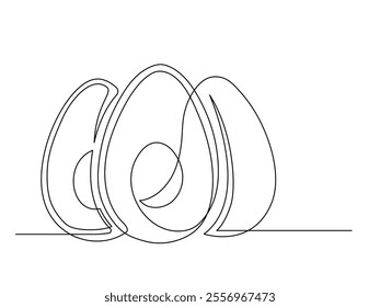 Continuous one line several halves of avocado isolated on white background. Simple silhouette of fruit. Hand drawn outline of avocado. Vector illustration