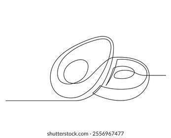 Continuous one line several halves of avocado isolated on white background. Simple silhouette of fruit. Hand drawn outline of avocado. Vector illustration