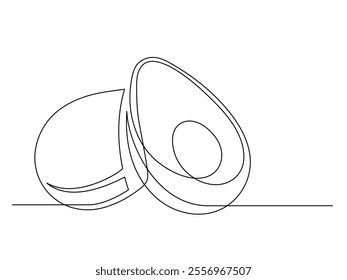 Continuous one line several halves of avocado isolated on white background. Simple silhouette of fruit. Hand drawn outline of avocado. Vector illustration