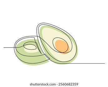 Continuous one line several halves of green avocado isolated on white background. Simple silhouette of fruit. Hand drawn outline of avocado. Vector illustration