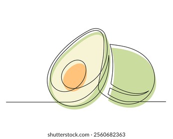 Continuous one line several halves of green avocado isolated on white background. Simple silhouette of fruit. Hand drawn outline of avocado. Vector illustration