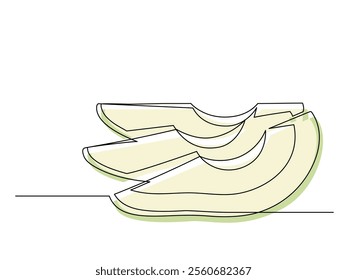 Continuous one line several halves of green avocado isolated on white background. Simple silhouette of fruit. Hand drawn outline of avocado. Vector illustration