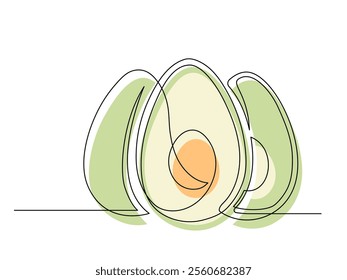 Continuous one line several halves of green avocado isolated on white background. Simple silhouette of fruit. Hand drawn outline of avocado. Vector illustration