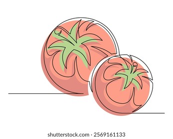 Continuous one line several red tomato isolated on white background. Simple vegetable silhouette. Hand drawn tomato outline. Vector illustration