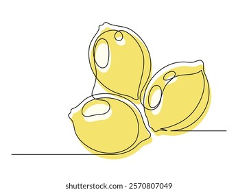 Continuous one line several yellow lemons isolated on white background. Simple silhouette of citrus fruits. Hand drawn outline of lemons. Vector illustration