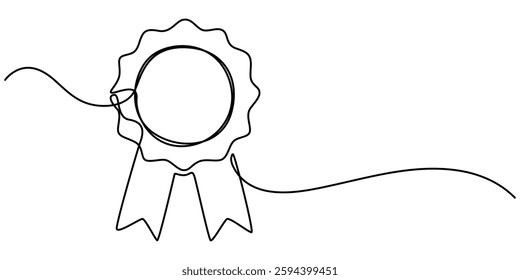 Continuous one line shape award isolated vector illustration, Award badge continuous line art drawn. Approval check sign. Certificate contour line. Vector illustration isolated on white.