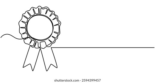 Continuous one line shape award isolated vector illustration, Award badge continuous line art drawn. Approval check sign. Certificate contour line. Vector illustration isolated on white.