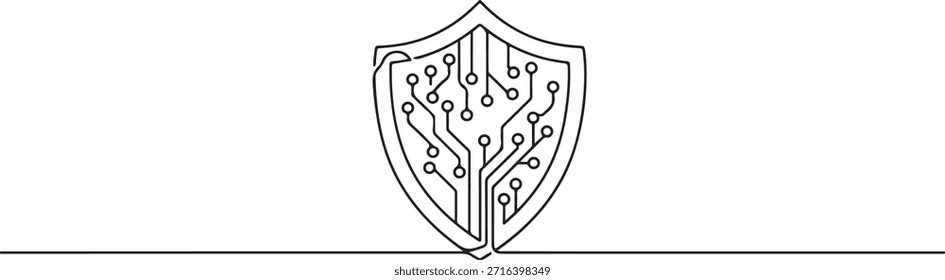 Uma linha contínua de um ícone de escudo representando segurança cibernética no trabalho, tema de proteção digital, ilustração vetorial desenhada à mão.