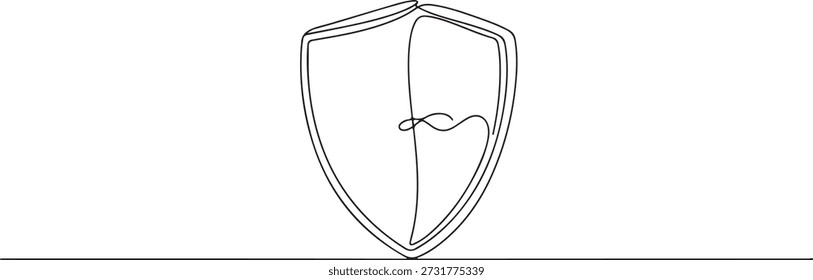 Uma linha contínua de um símbolo de escudo representando a proteção, lei e arte da justiça, ilustração vetorial desenhada.