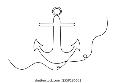 
Continuous one line ship anchor drawing of outline vector icon