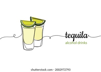 Continuous one line of shots of tequila with lime slice in a row in silhouette on a white background. Linear stylized.Minimalist.