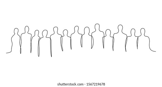 Continuous one line silhouette of a crowd of people. Vector stock illustration.