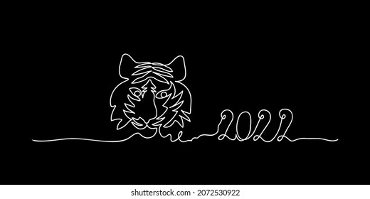 Silueta continua de una línea de un tigre sobre un fondo negro. Una línea continua de Año Nuevo 2022 en silueta. Estilo minimalista. Estilo minimalista. Perfecto para tarjetas, invitaciones a fiestas, carteles, pegatinas