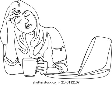 Continuous One Line Sketch Drawing Tired And Worried Woman, Line Art Vector Illustration Silhouette Of Sad Girl With Tea Cup