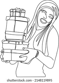 Continuous one line sketch drawing of shopping woman holding gift packet in her hand, line art vector illustration silhouette of shopping girl