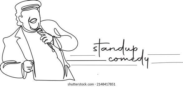 Continuous One Line Sketch Drawing Of Stand Up Comedy Artist, Line Art Vector Illustration Silhouette Of Stand Up Comedy Man