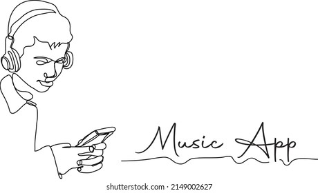 continuous one line sketch drawing of young boy listing song on smart phone for music app logo, Music Logo silhouette, Mobile app illustration