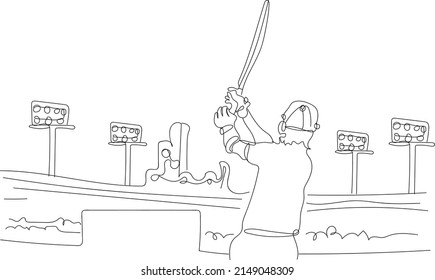 continuous one line sketch drawing of panoramic view of cricket stadium in which cricket batsman hitting winning cricket shot, Cricket silhouette,  illustration