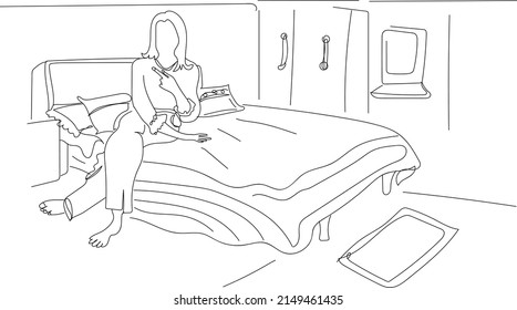 continuous one line sketch drawing woman sitting on double bed, line art illustration of living room
