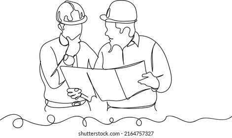 continuous one line sketch drawing two architects watching home map, line art illustration silhouette of architects doing planning of house map
