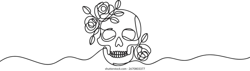Continuous one line sketch of a skull decorated with roses in abstract minimalist black outline art style for spooky floral theme