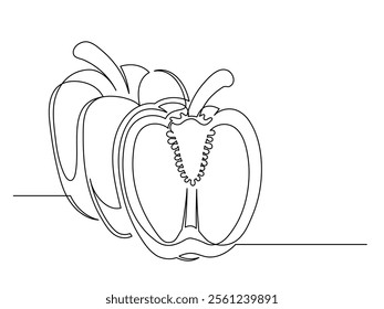 Continuous one line of sliced bell pepper isolated on white background. Simple silhouette of vegetables. Hand drawn bell pepper outline. Vector illustration