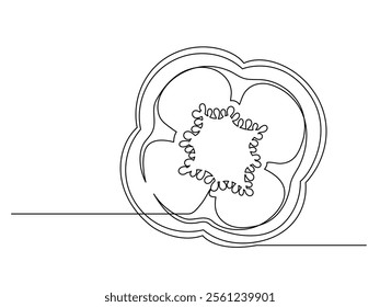 Continuous one line of sliced bell pepper isolated on white background. Simple silhouette of vegetable. Hand drawn bell pepper outline. Vector illustration