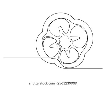 Continuous one line of sliced bell pepper isolated on white background. Simple silhouette of vegetable. Hand drawn bell pepper outline. Vector illustration