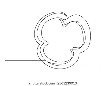 Continuous one line of sliced bell pepper isolated on white background. Simple silhouette of vegetable. Hand drawn bell pepper outline. Vector illustration