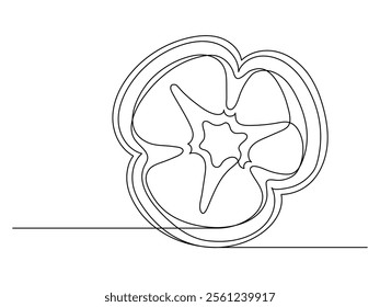 Continuous one line of sliced bell pepper isolated on white background. Simple silhouette of vegetable. Hand drawn bell pepper outline. Vector illustration