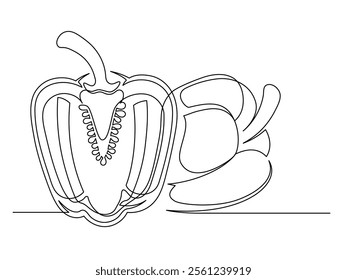 Continuous one line of sliced bell pepper isolated on white background. Simple silhouette of vegetables. Hand drawn bell pepper outline. Vector illustration